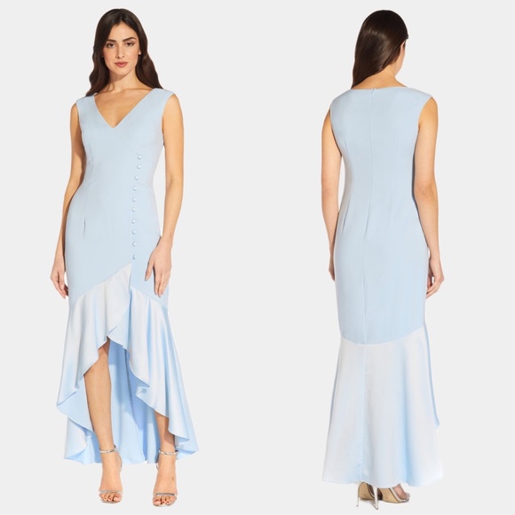 NEW Adrianna Papell SKYWAY BLUE Side BUTTON DETAIL V-Neck HIGH LOW Dress GOWN 16 - Picture 3 of 16